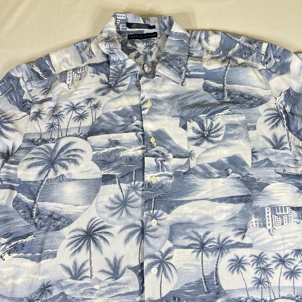 Tommy Hilfiger Hawaiian Shirt Mens XL Blue Aloha Palm Tree Beach Button Up